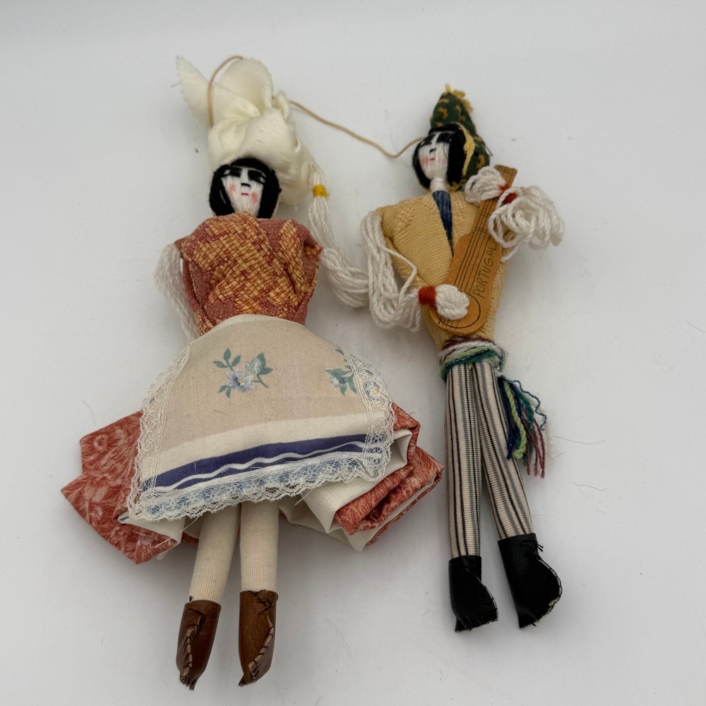 Vintage Portuguese Folk Art Cloth Dolls Pair Traditional Costume Handmade 8"